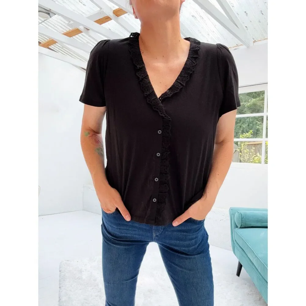 Boden Black Lace Trim Detail Top V-Neck Short Sleeve Size US 10 UK 14